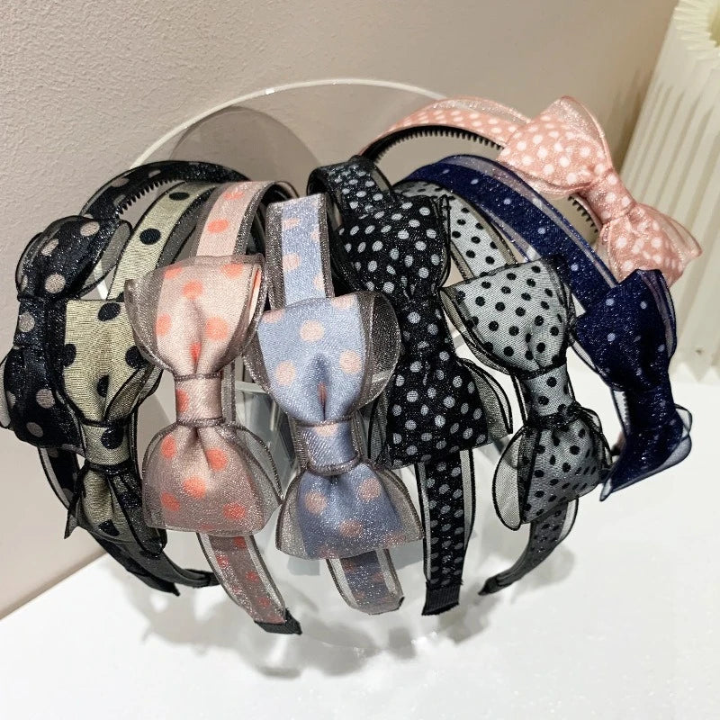 Vintage Polka Dot Organza Bow Headband – Sheer Mesh Hair Hoop