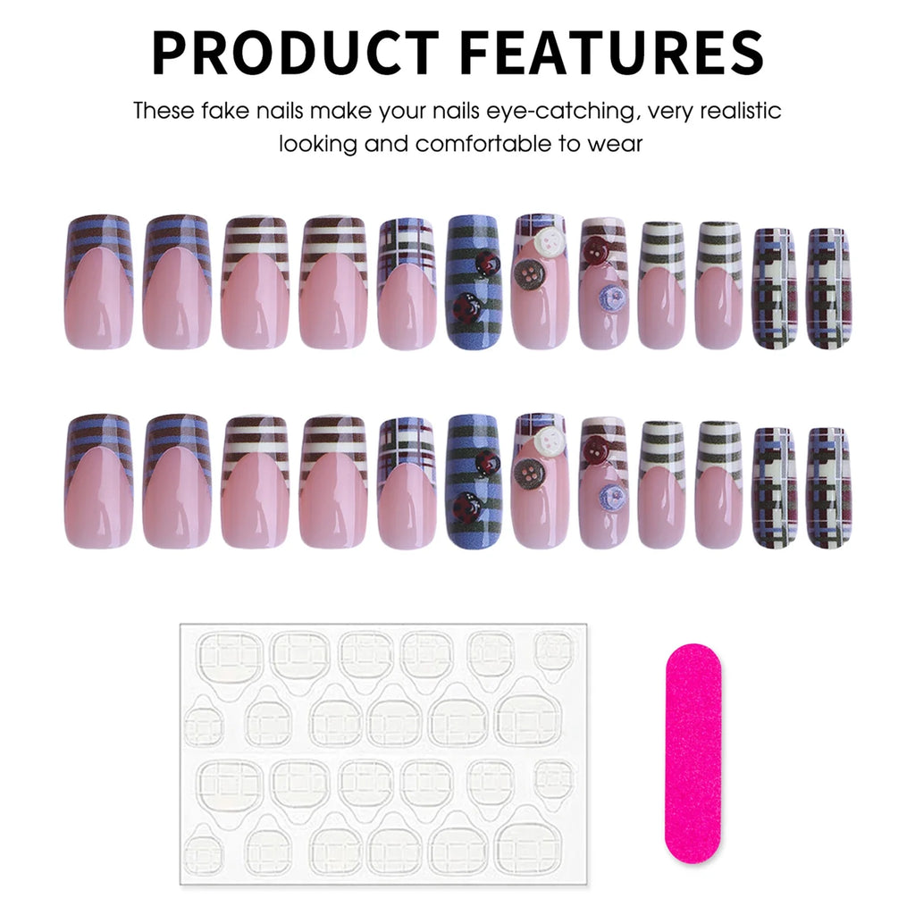 24pc 3D Ladybug Press On Nails – French Striped Y2K Style