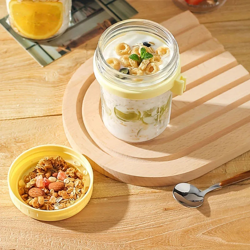 KEMORELA Overnight Oats Glass Cup with Spoon | Mason Tumbler
