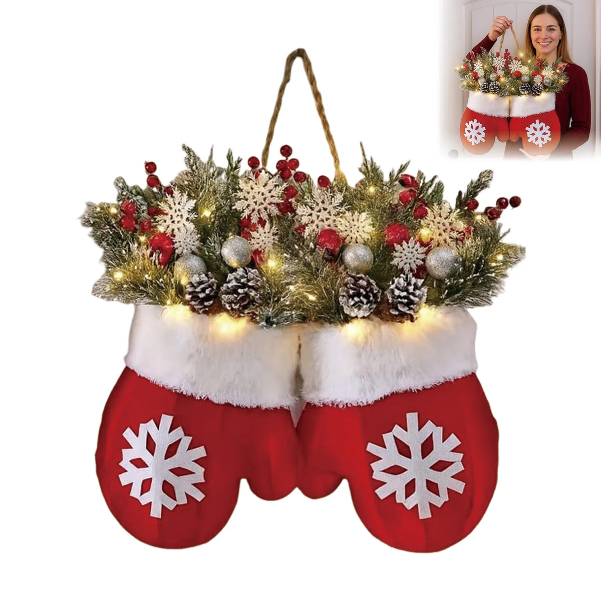 Christmas Gloves Wreath with LED Lights | Holiday Wall Décor
