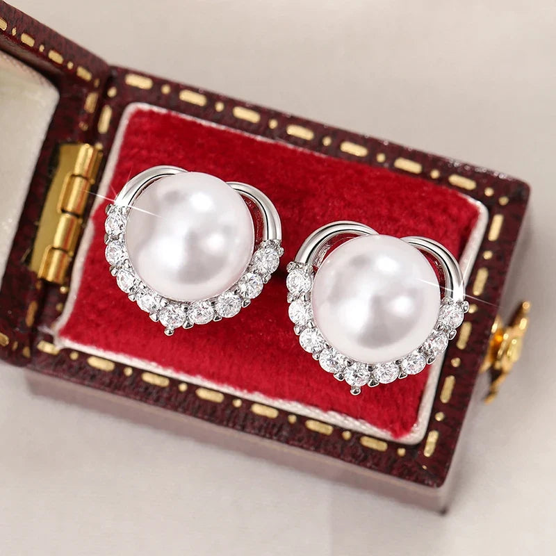 Huitan Heart Pearl Stud Earrings – Women's Trendy Fashion Jewelry