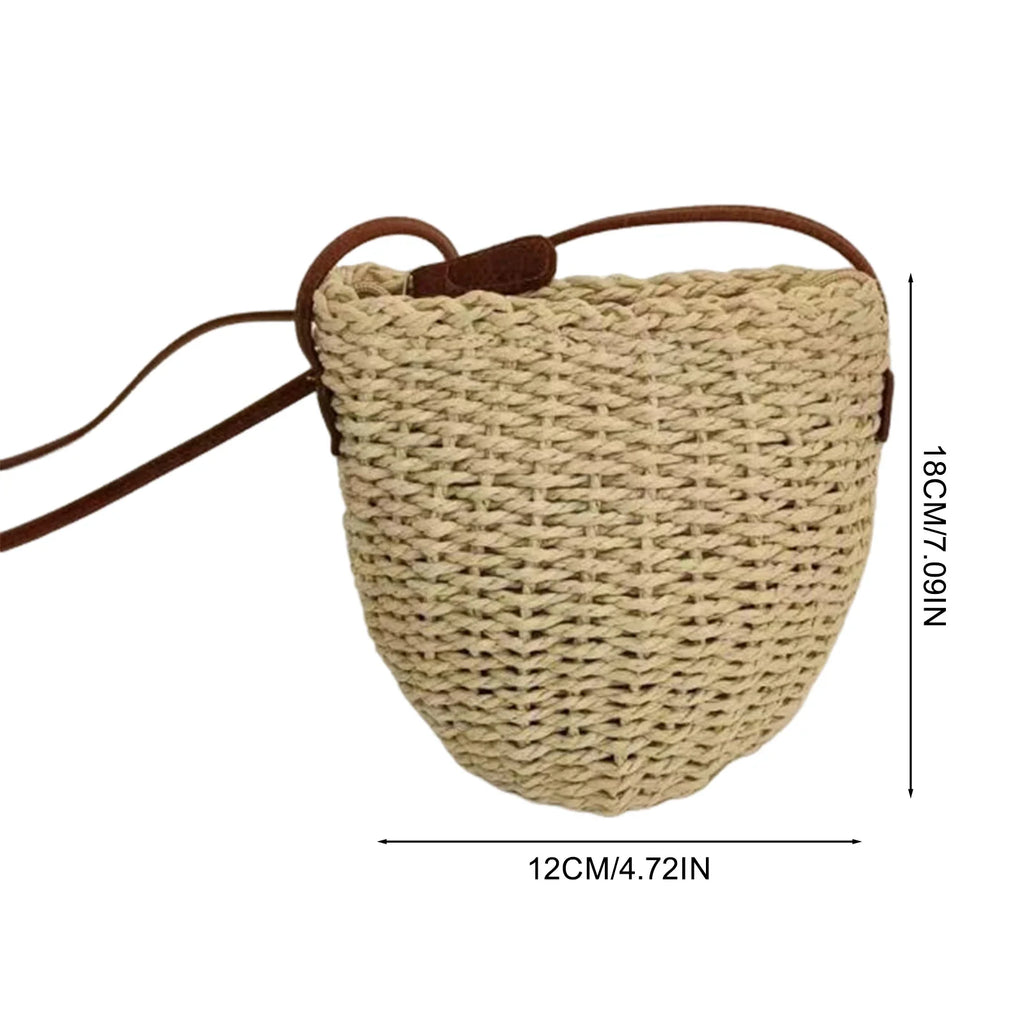 Handwoven Straw Bucket Bag – Vintage Wicker Crossbody for Women