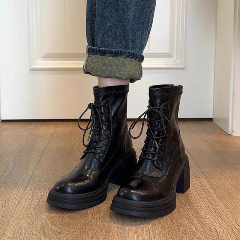 Women's Lace-Up Ankle Boots | Block Heel Back Zipper