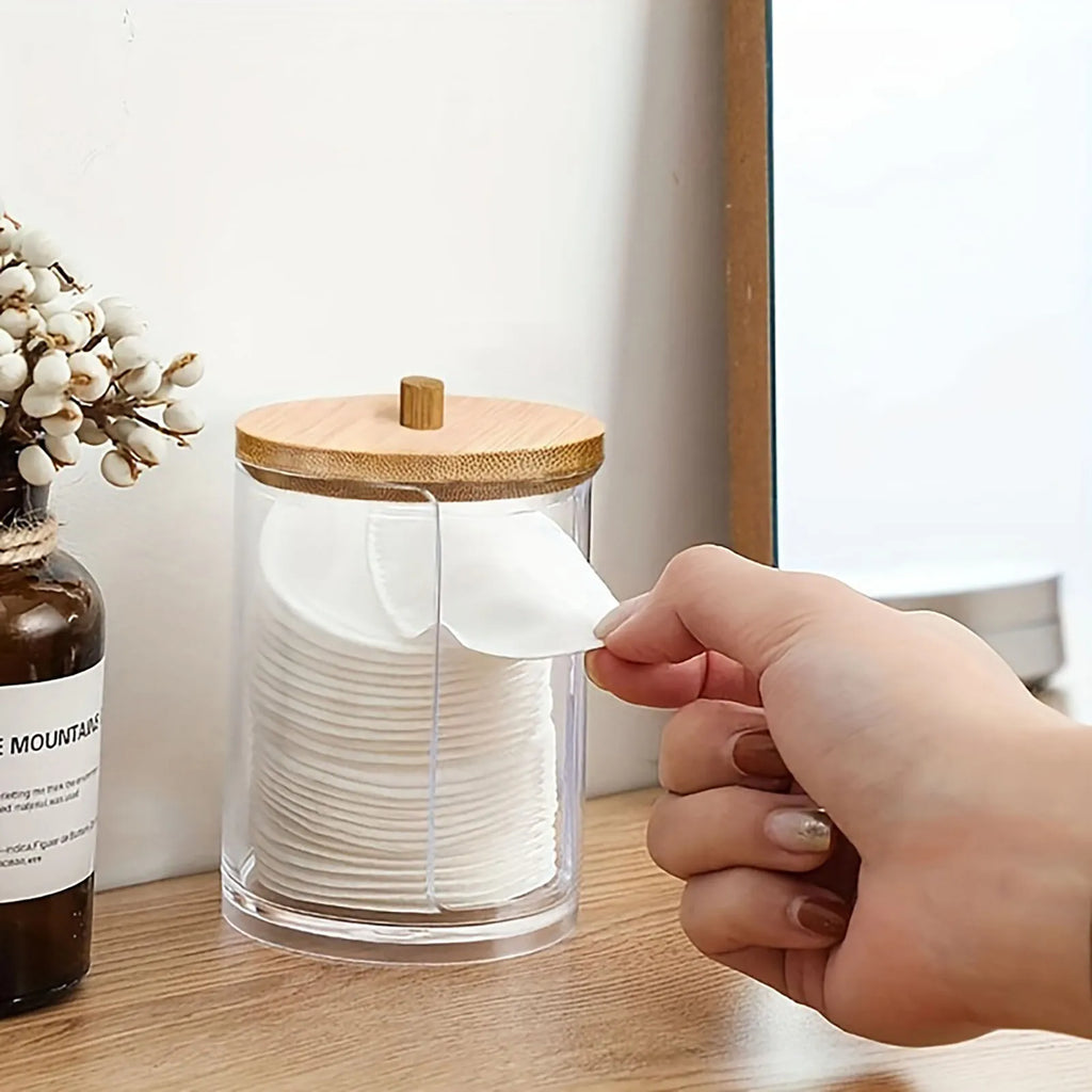 Cotton Round Pad Dispenser Bamboo Lid Transparent Small Clear Acrylic