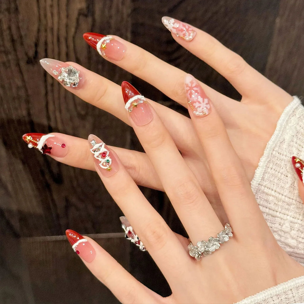 Christmas Press On Nails | Cat's Eye Red French Tip 3D Bows