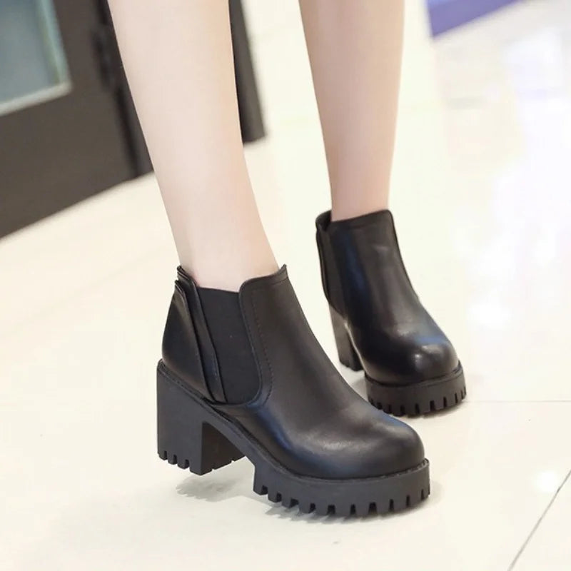 Women's Round Toe Ankle Boots – Thick Sole Square Heel