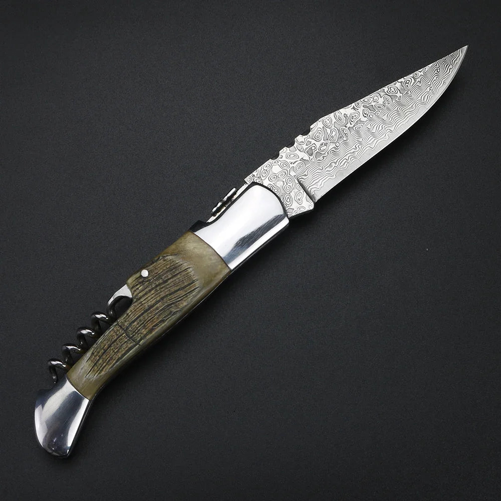 Damascus Steel Folding Knife – Sheep Horn Handle | XUAN FENG