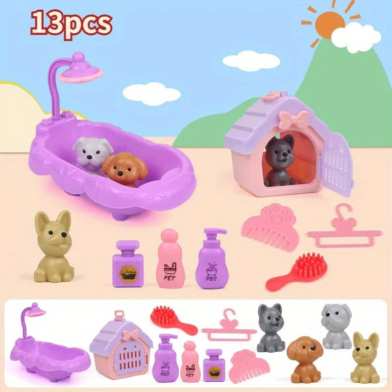 Cute Dog Pet Basket Toy Doll Cage Accessories Scene Play Family