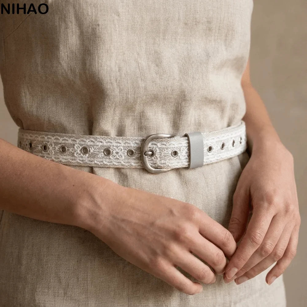 Korean Y2K Lace Canvas Waist Belt Metal Buckle – Beige