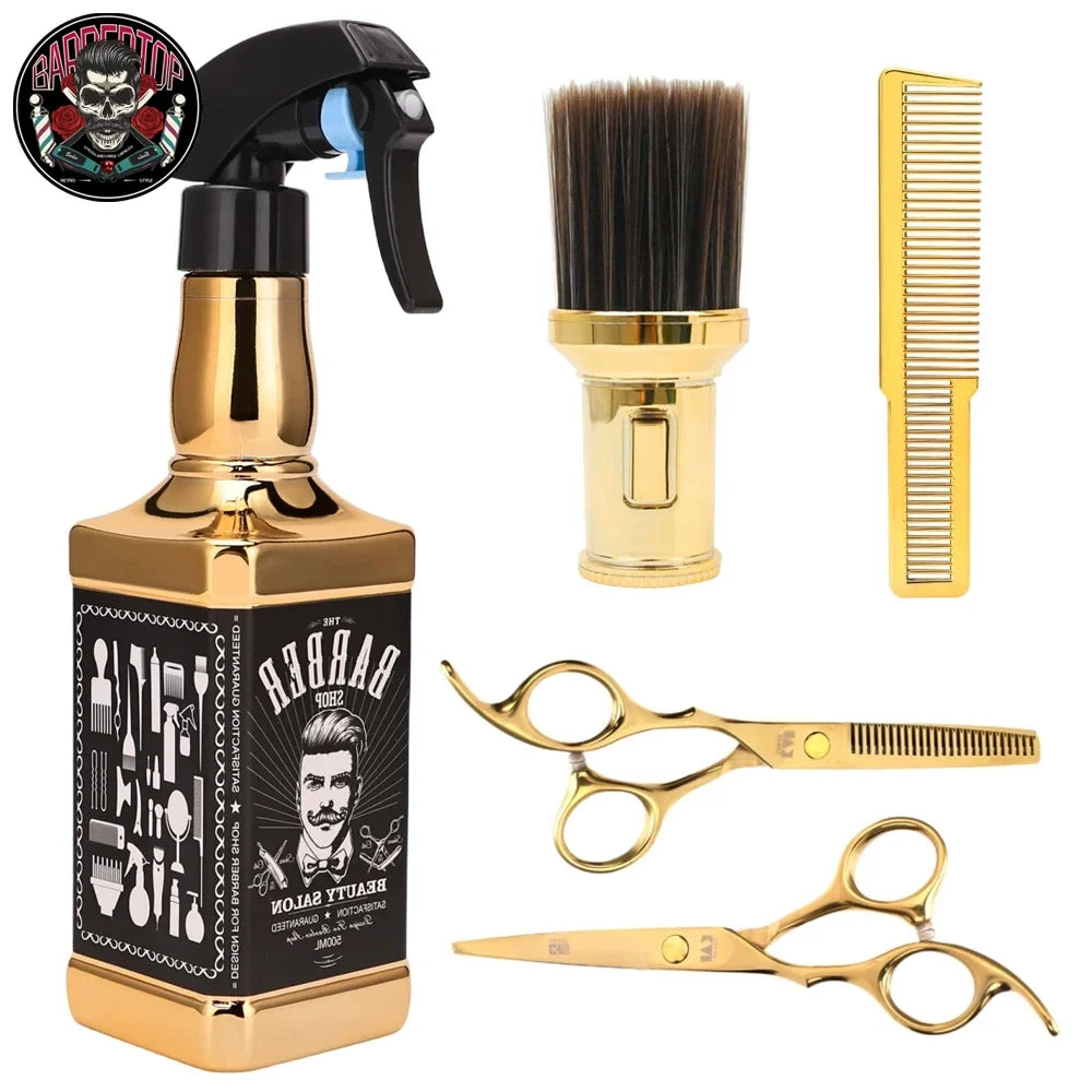 5-Piece Gold Barber Tools Set – Combs, Scissors & Spray Bottle