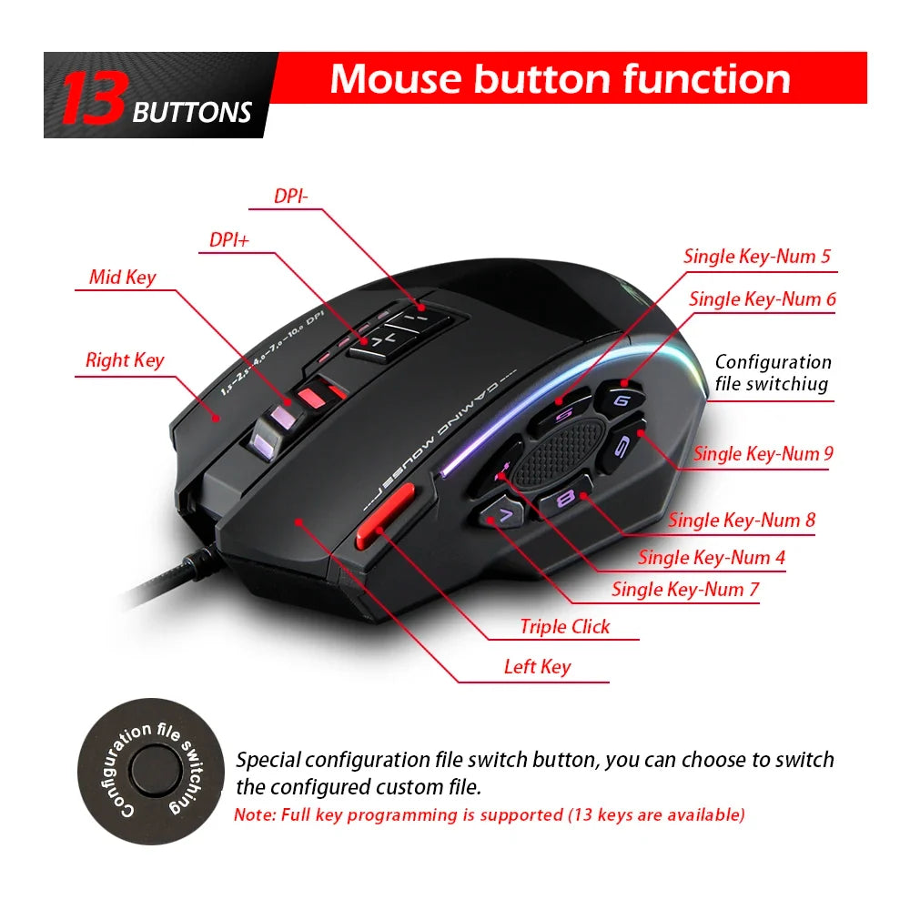 Zelotes C-13 Wired Gaming Mouse 13 Keys 10000 DPI RGB 128KB