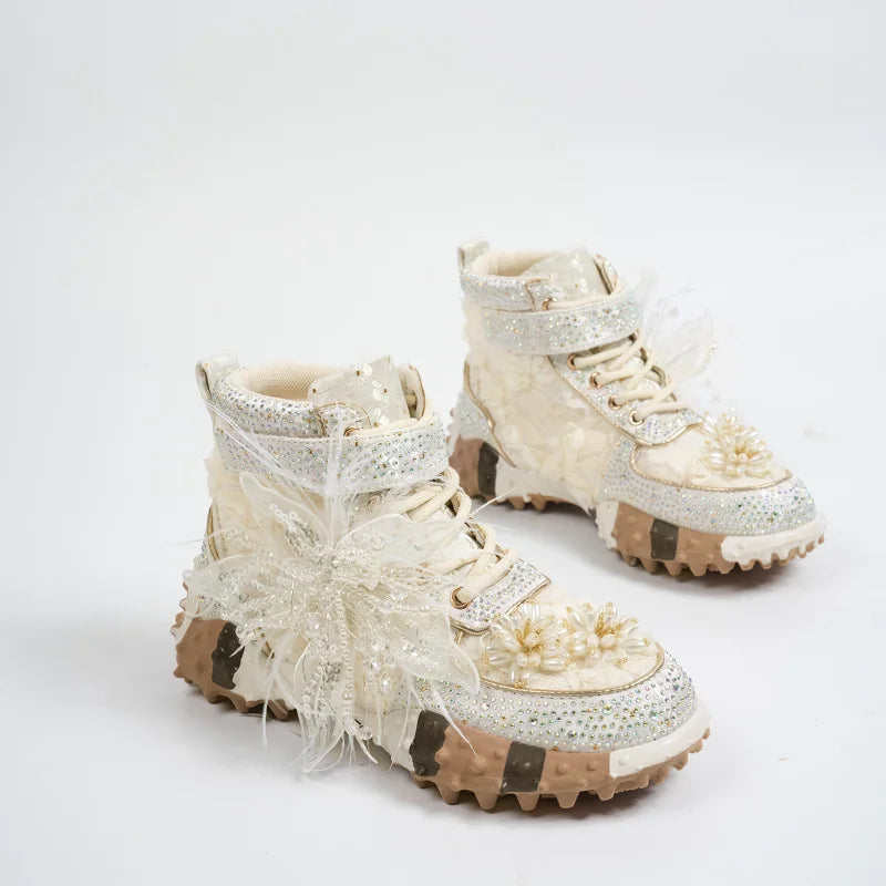 Women's Rhinestone Knitted High-Top Sneaker Boots Thick Sole