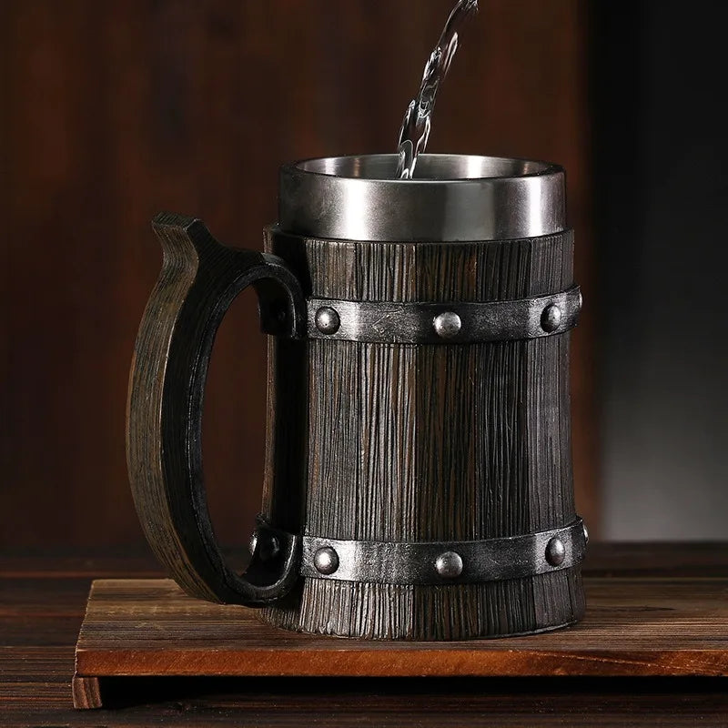 Viking Wood Barrel Beer Mug 600ml – Double Wall Stainless Steel