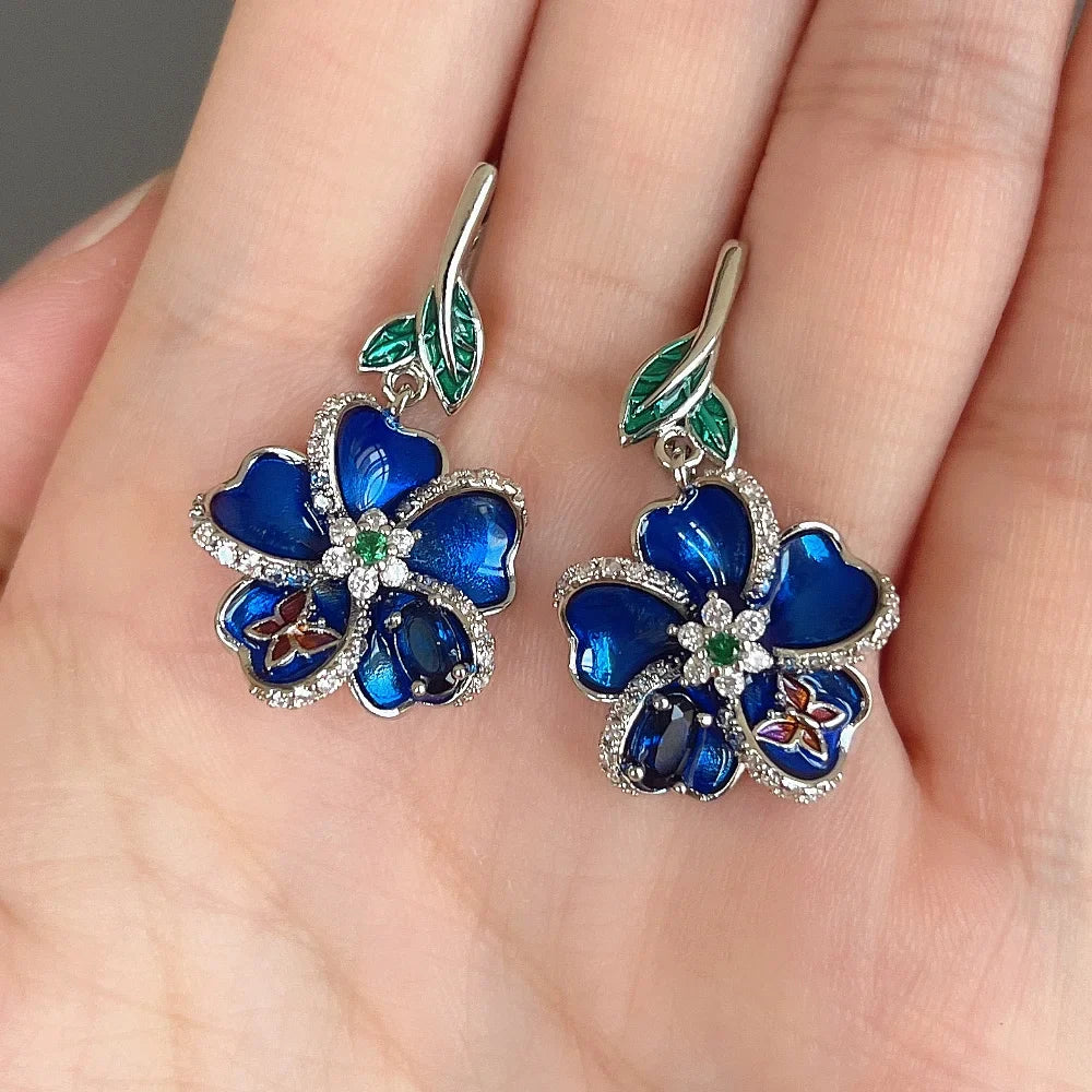 Huitan Blue Flower CZ Drop Earrings – Bridal Wedding Jewelry