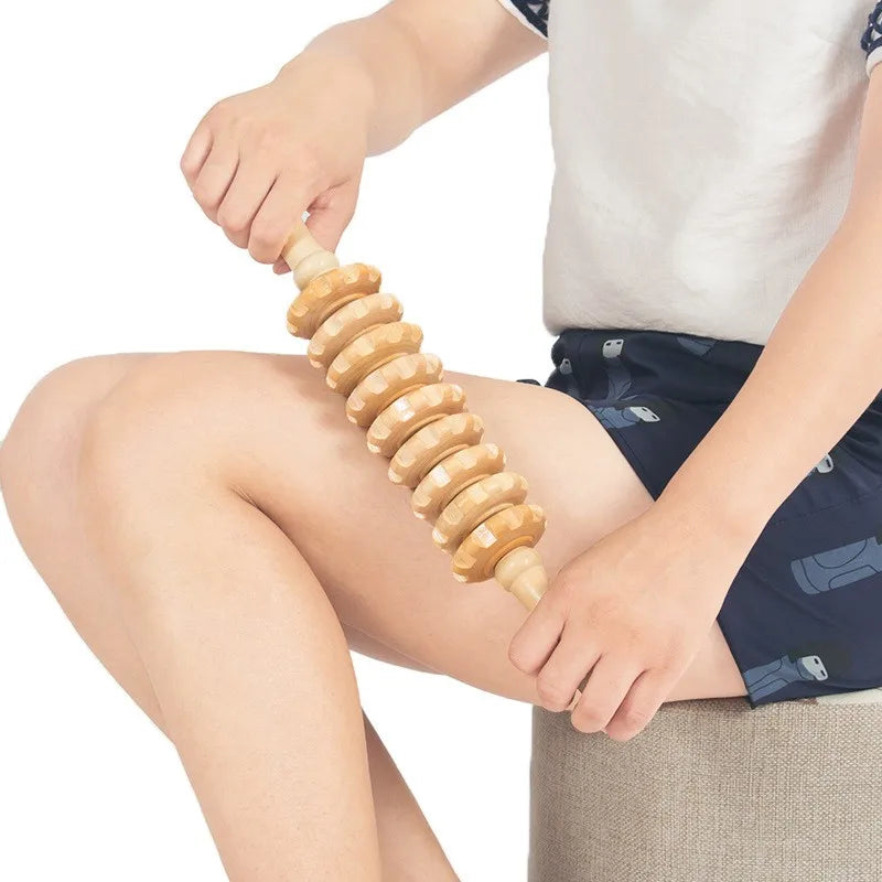 Body Fascia Massager Anti-slip Handle Wood Grooved Gear Arms Legs