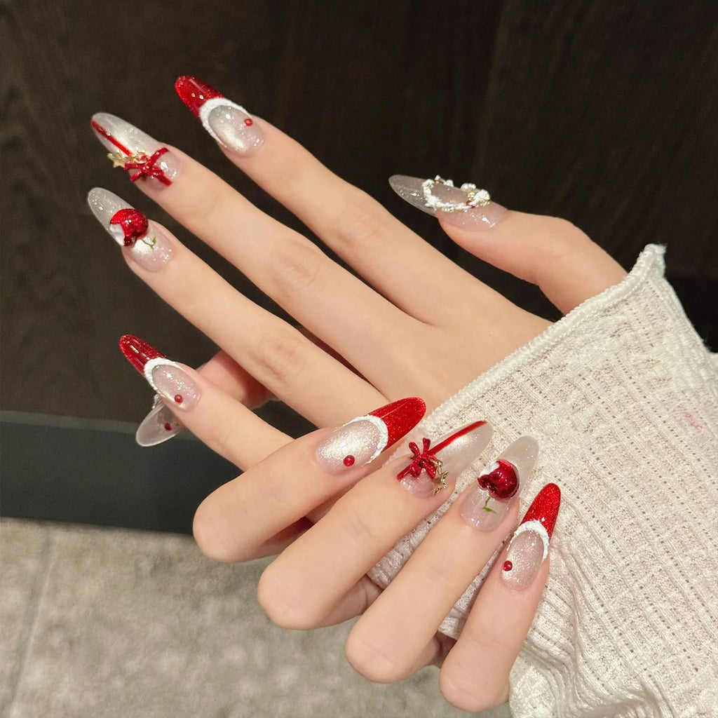 Christmas Press On Nails | Cat's Eye Red French Tip 3D Bows