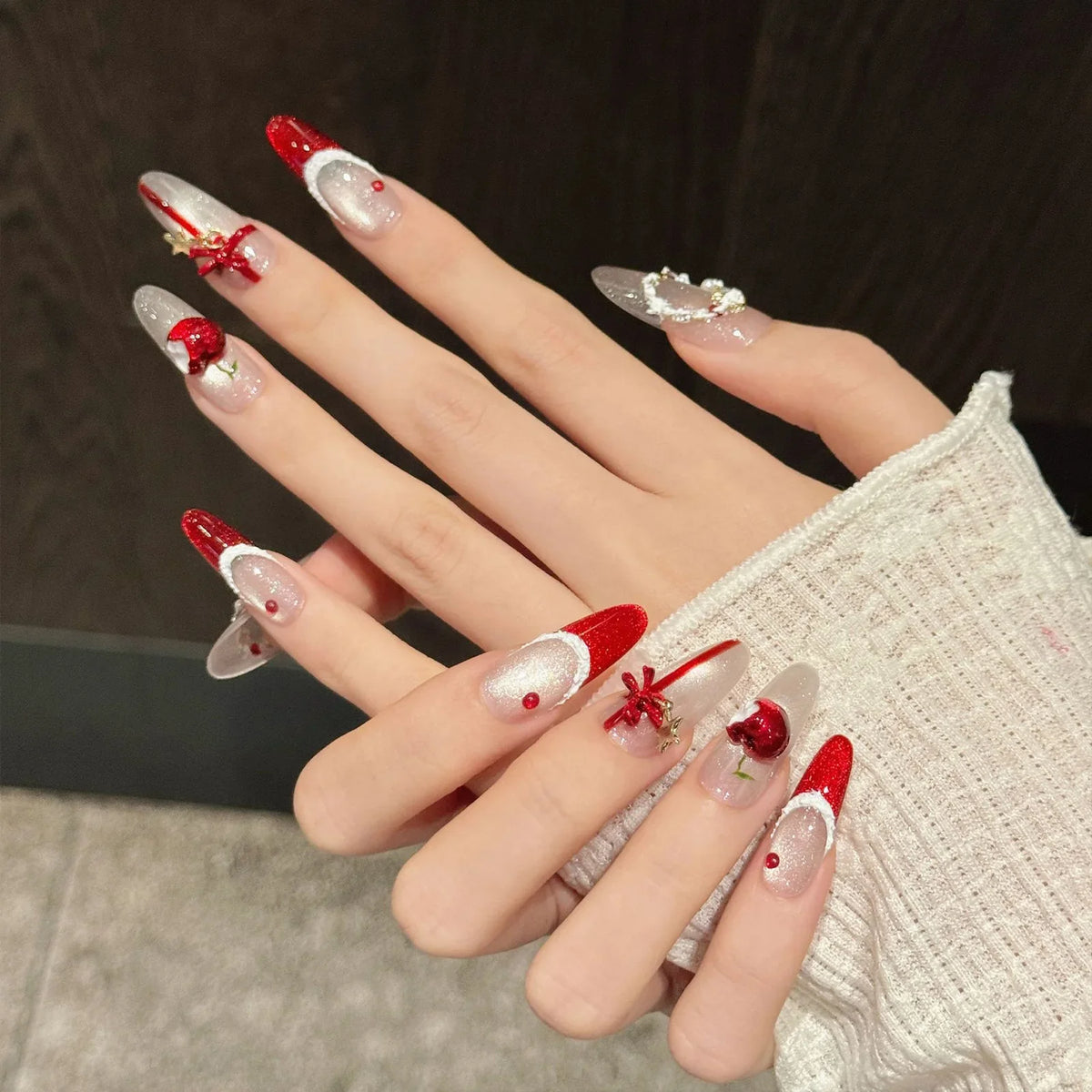 Christmas Press On Nails | Cat's Eye Red French Tip 3D Bows