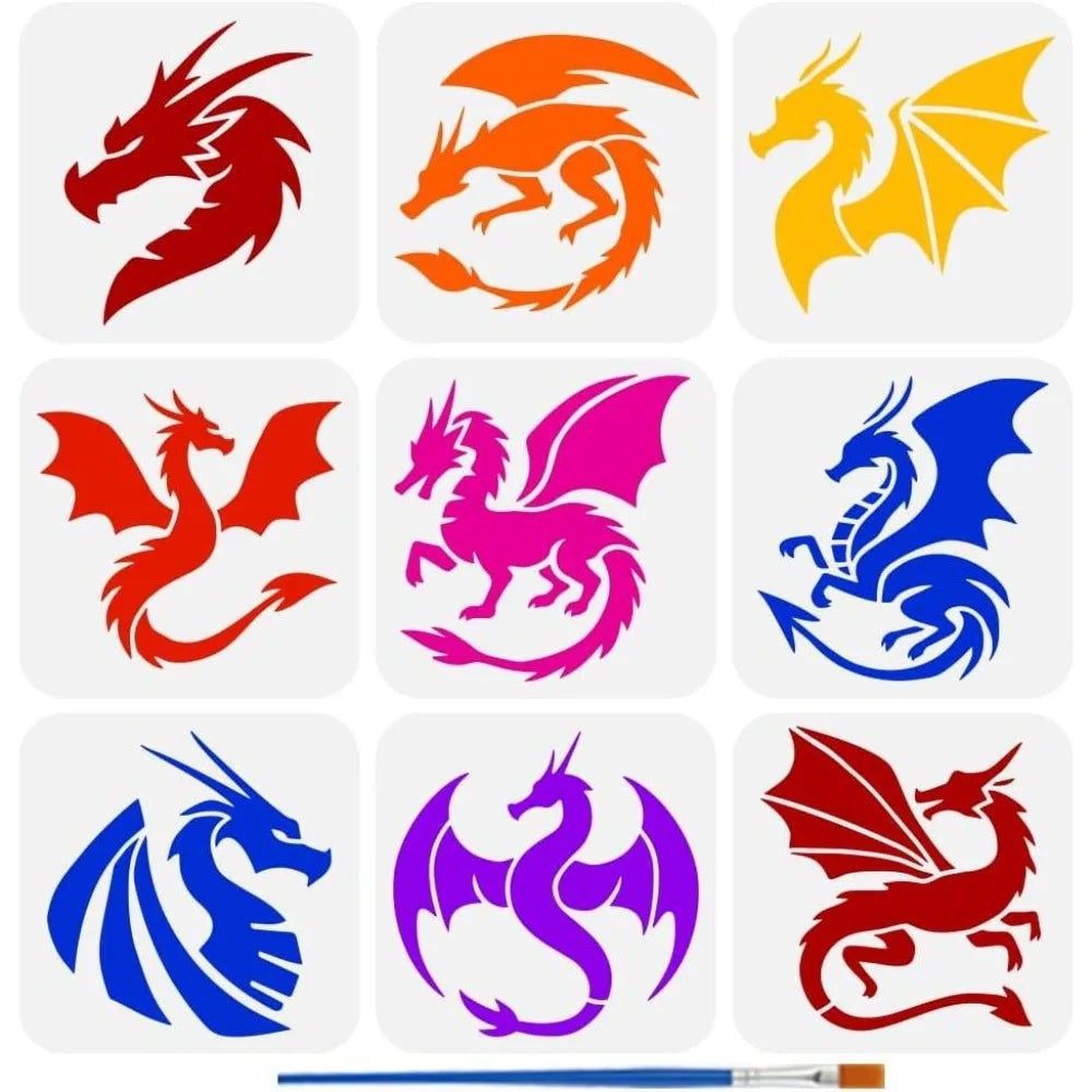 9-Piece Dragon Stencil Set 5.9" – Reusable Templates & Brush