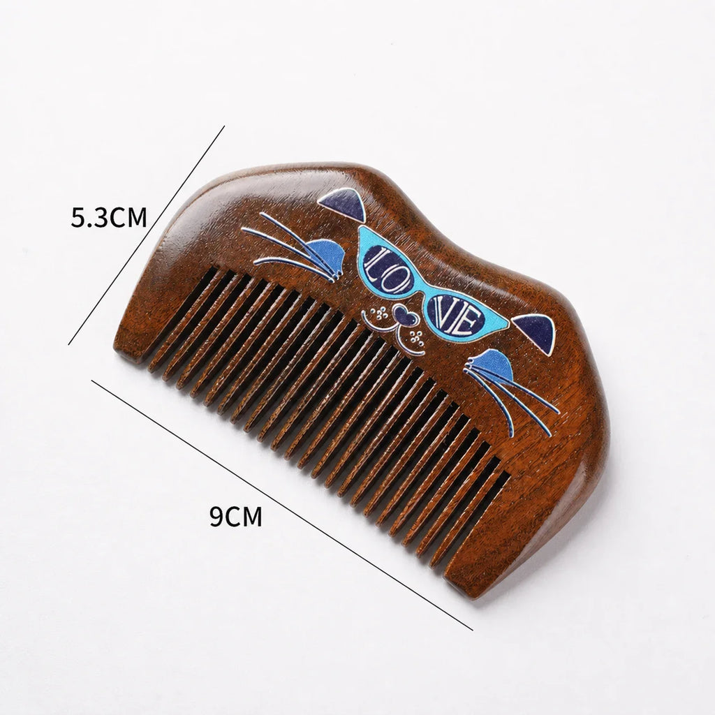 Handcrafted Sandalwood Hair Comb – Carved Cat Design | Portable