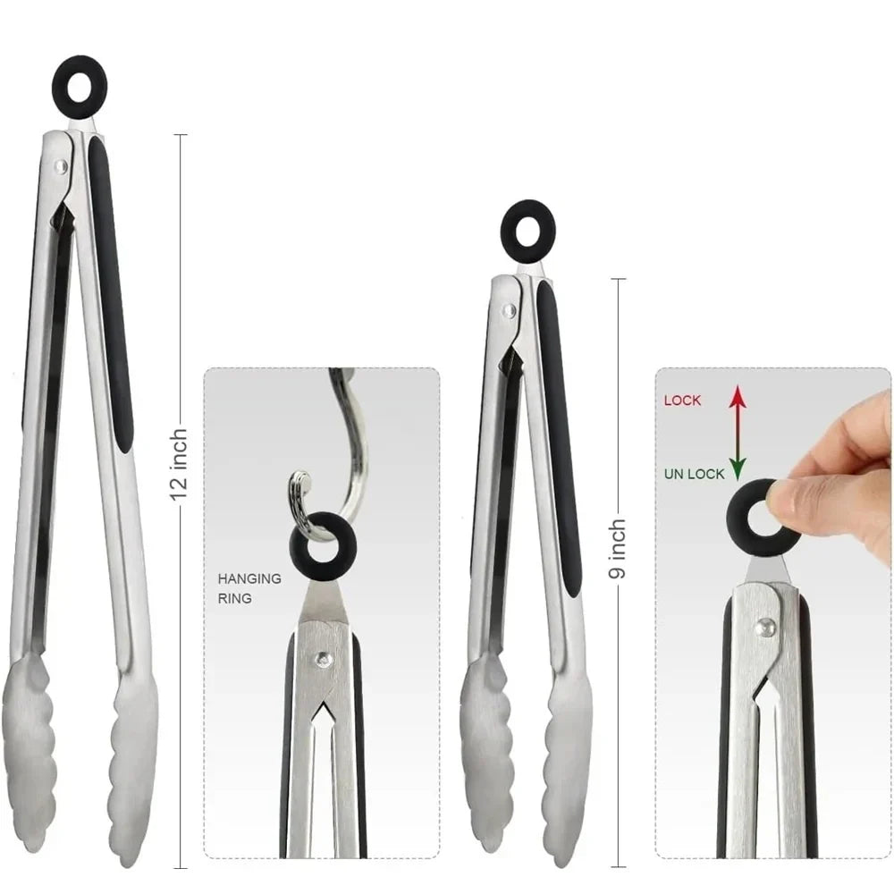 Stainless Steel BBQ Tongs – Non-Slip Extended Food Clamp