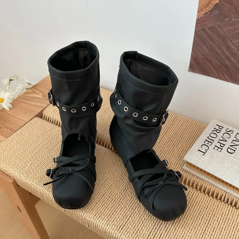 Women's Hollow Out Wedge Sandal Boots – Bow Buckle Mid-Calf