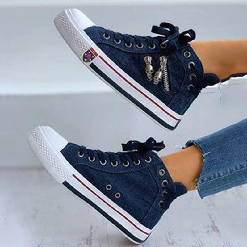 Women's High Top Denim Canvas Sneakers – Lace-Up Flat Shoes
