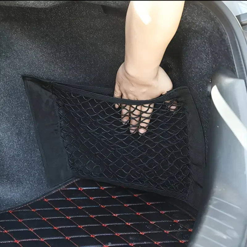 Black Mesh Car Trunk Organizer – Double-Layer Storage Box