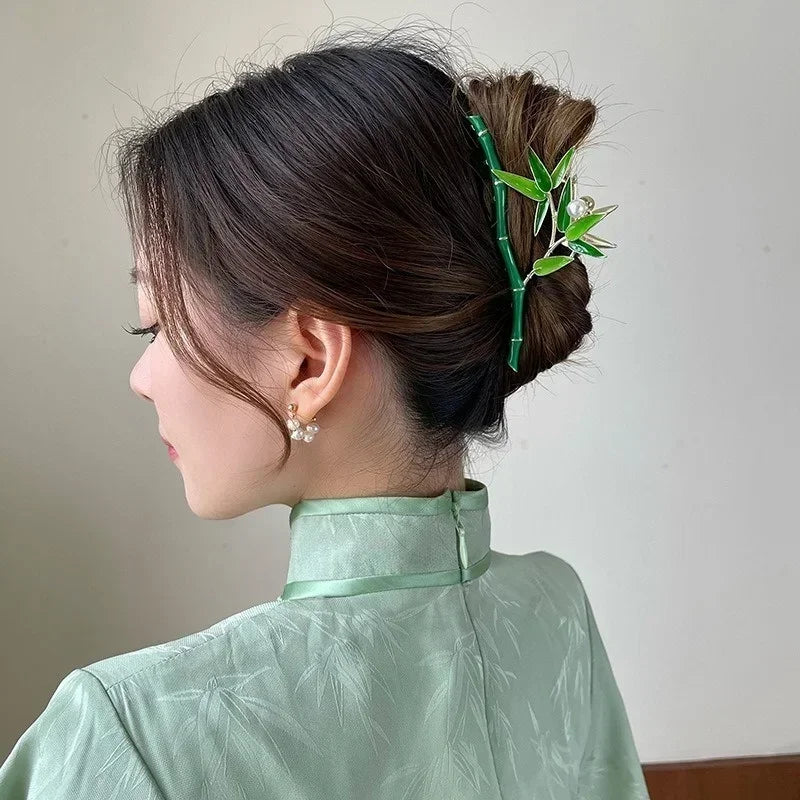 Chinese Vintage Retro Fresh Green Bamboo Fashion Pearl Metal Hair