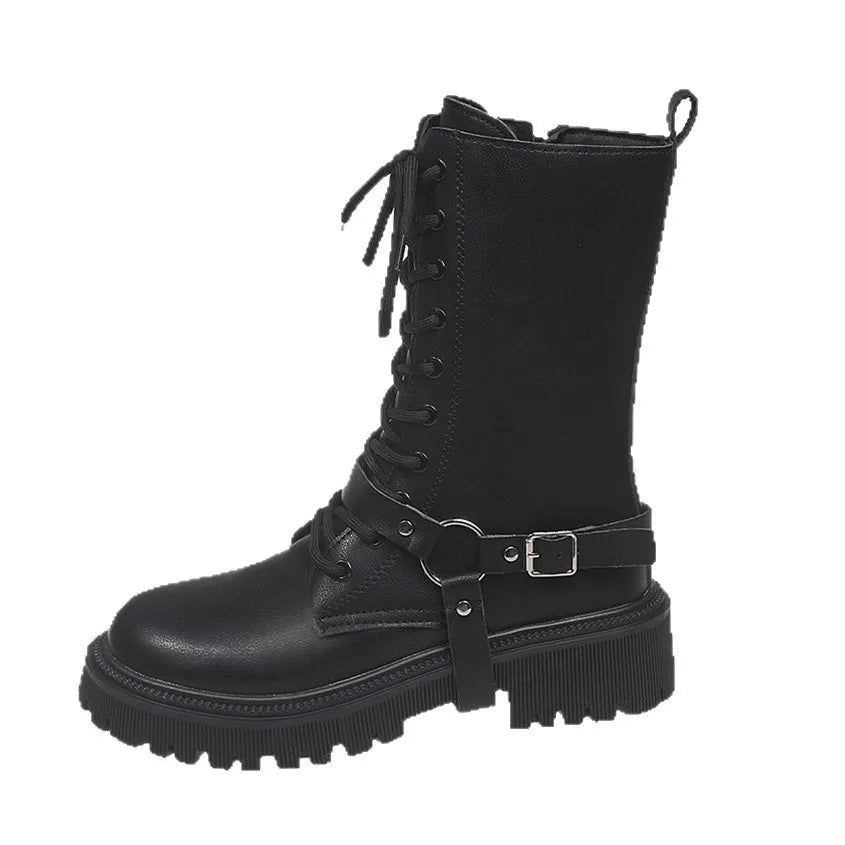 Women's Punk Mid-Calf Motorcycle Boots – Belt Buckle Zipper