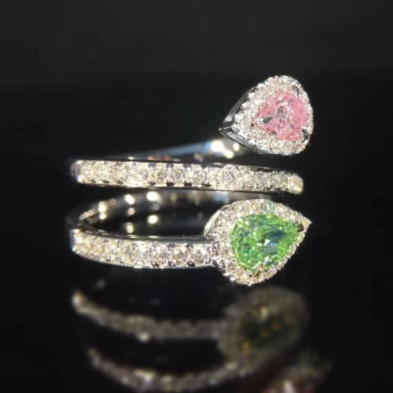 Huitan Pink & Green CZ Cross Ring | Waterdrop Cubic Zirconia
