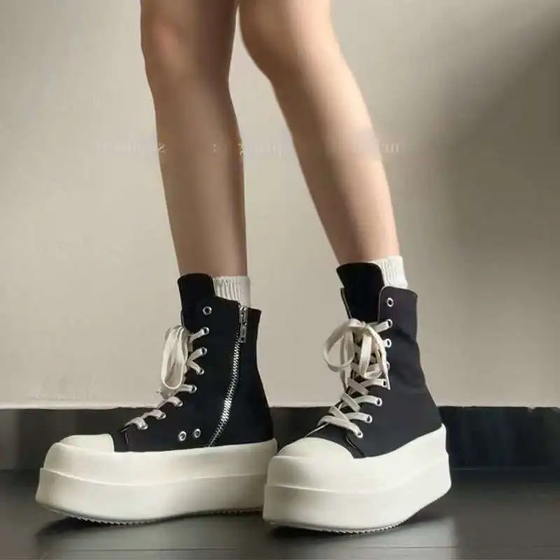 Women's Canvas Lace-Up Boots – Low Heel Round Toe Booties