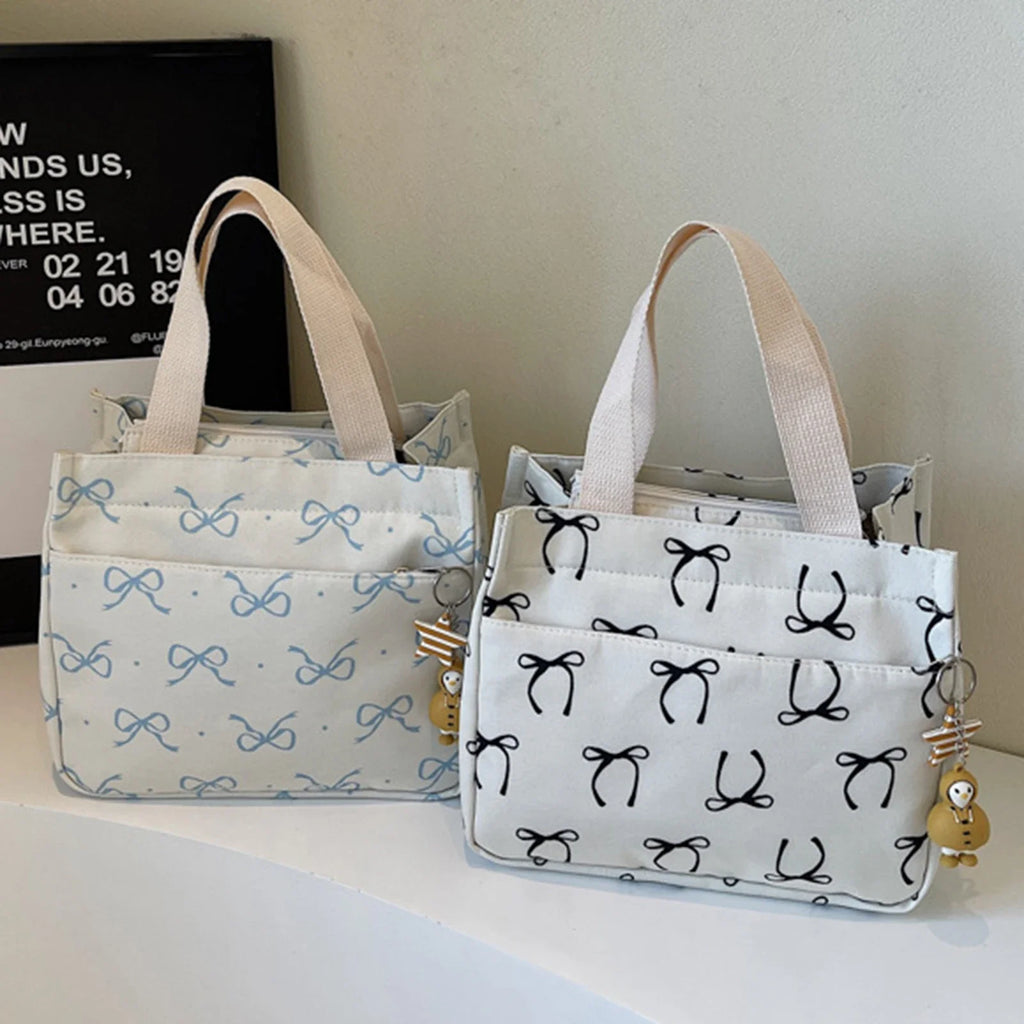 Canvas Lunch Bag Bow Pendant – Lightweight Bento Tote for Women