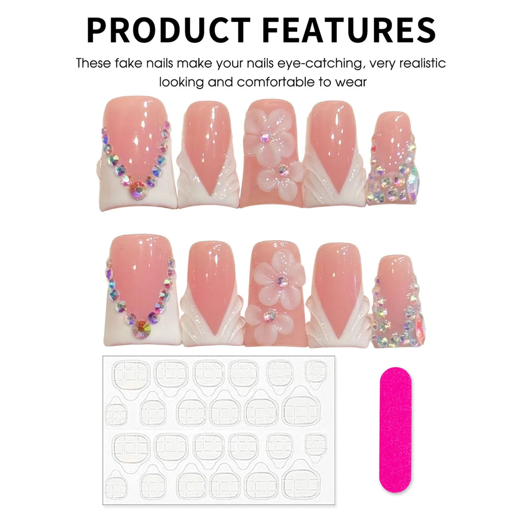 Handmade 3D Floral Rhinestone French False Nails | 10pc Set
