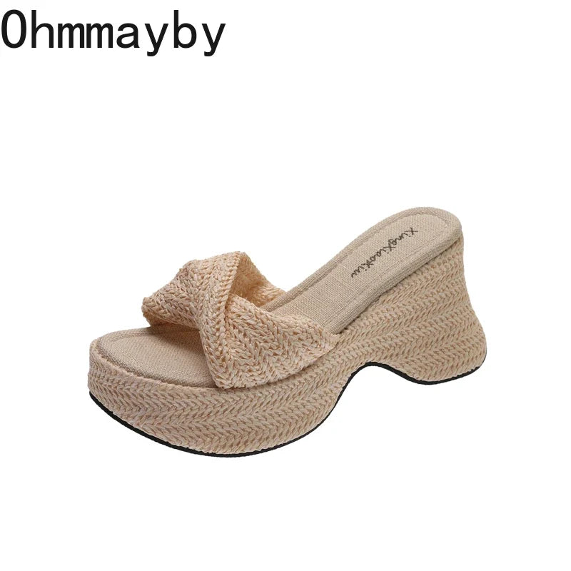 Women's Straw Woven Platform Wedge Sandals | Bohemian Slides