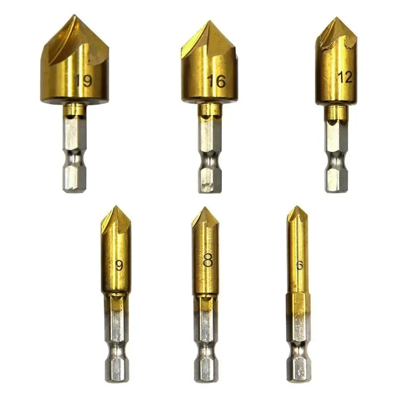 6PC Countersink Drill Bit Set 6–19mm | Titanium Chamfering Tool