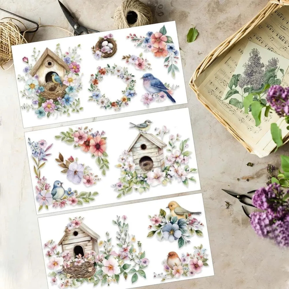 Bird Flower Rub-On Transfers for Furniture & Crafts – 3-Sheet Set