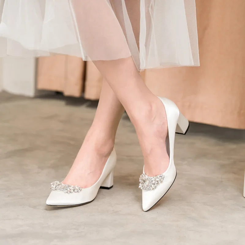 White Rhinestone Bridal Pumps – Pointed Toe Block Heel Sizes 34–43