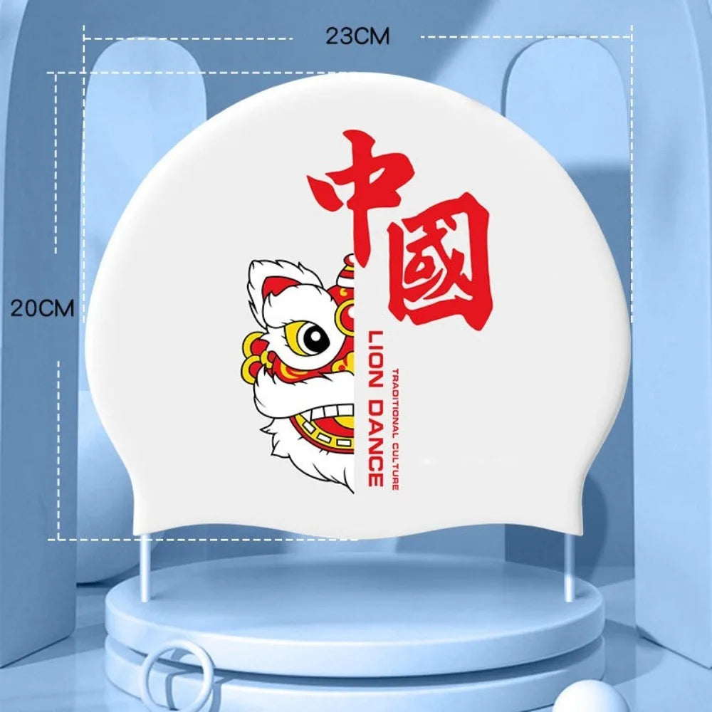Lion Dance Waterproof Silicone Swimming Cap – Adult Long Hair