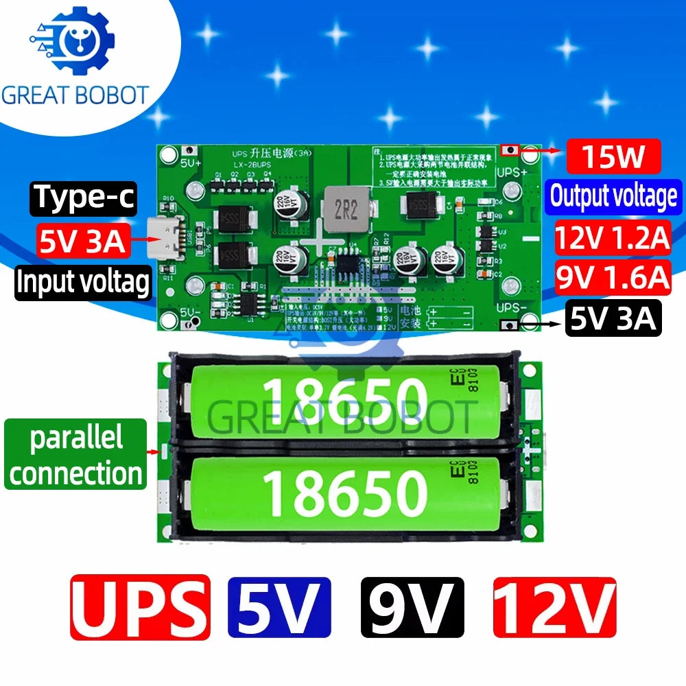 Type-C 15W 18650 Battery Charger Module DC-DC Boost UPS 5V 9V 12V