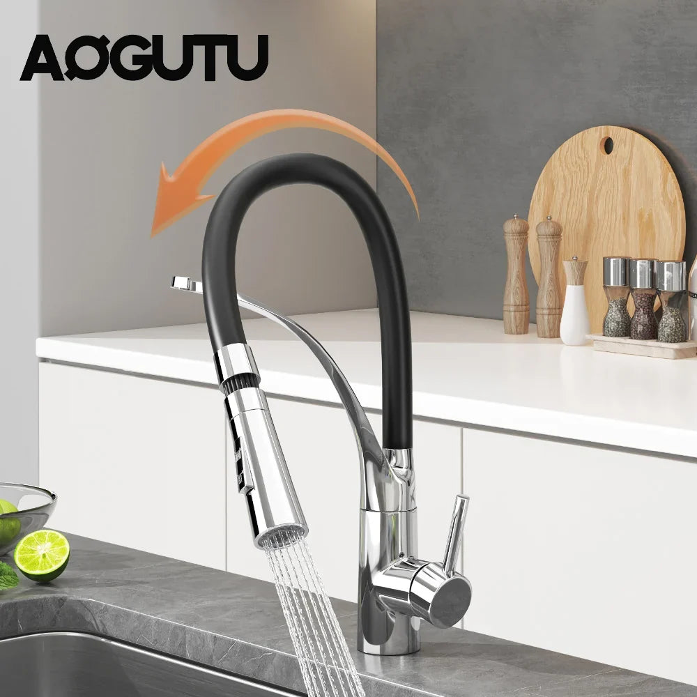 AOGUTU Brass Pull-Down Kitchen Faucet | Hot & Cold Mixer Tap