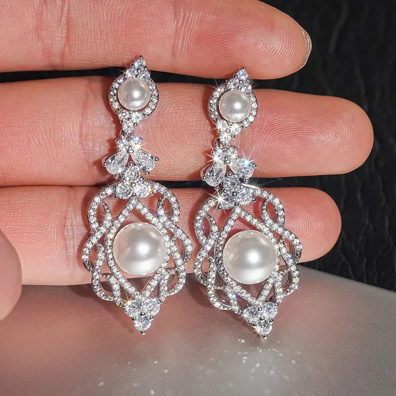 Huitan Pearl CZ Drop Earrings – Silver Dangle Jewelry for Women