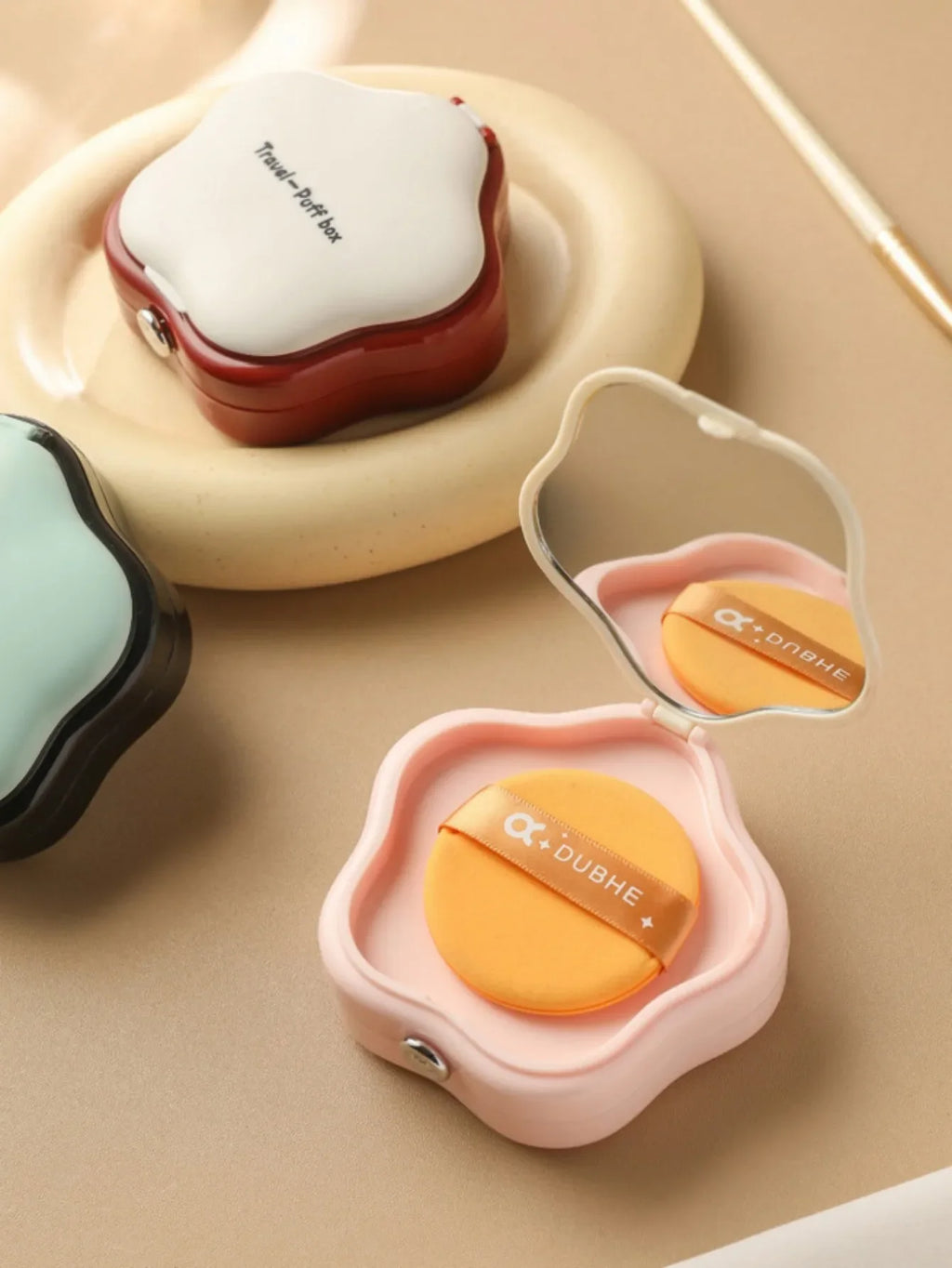 Portable Powder Puff Storage Box with Mirror – Travel Makeup Case