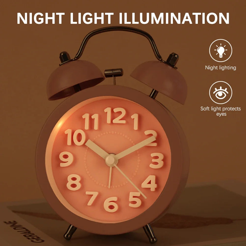 Retro Twin-Bell Alarm Clock | Silent Night Light Bedside Clock