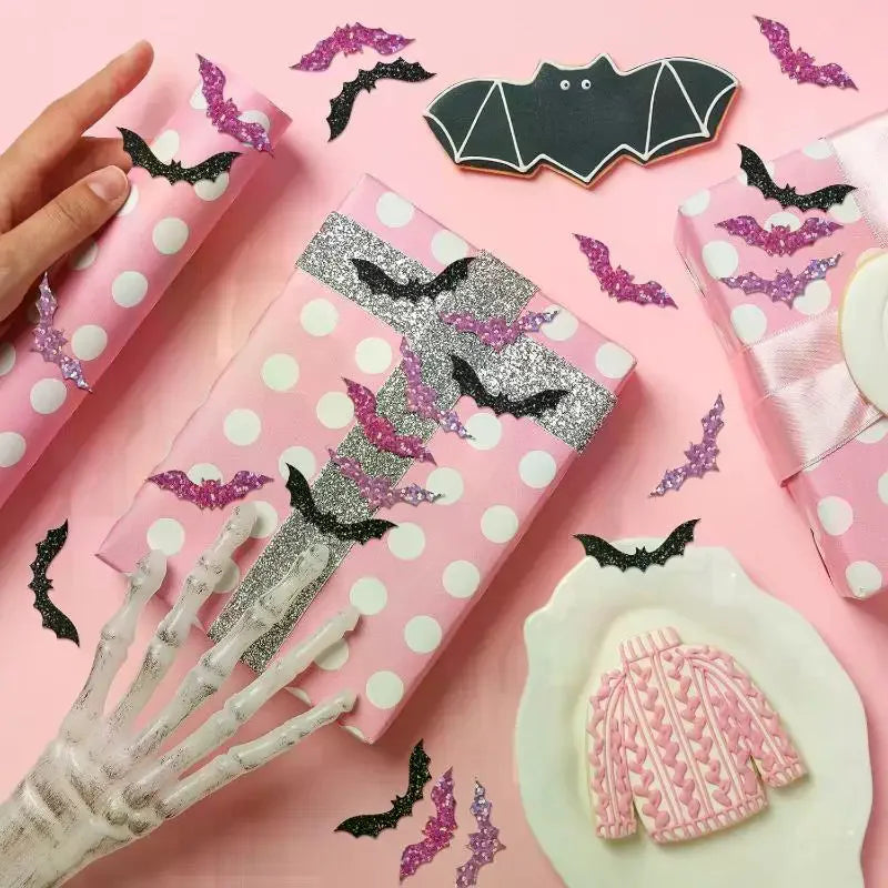 500pcs Halloween Bat Stickers Roll – Glitter Laser Self-Adhesive