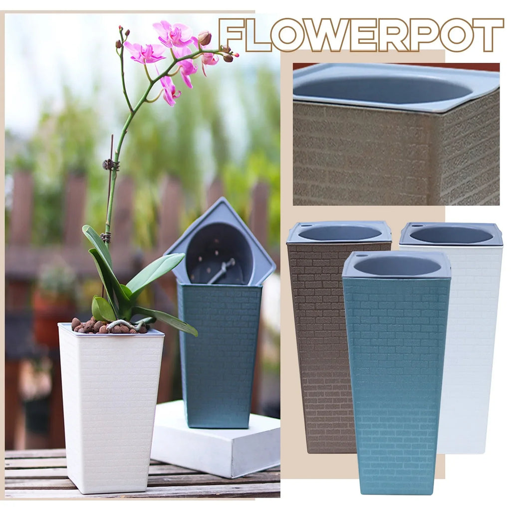 Large Square Tall Planter – Brick Pattern Plastic Flower Pot
