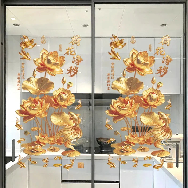 3D Koi & Golden Lotus Glass Sticker – Chinese Style PVC Decal
