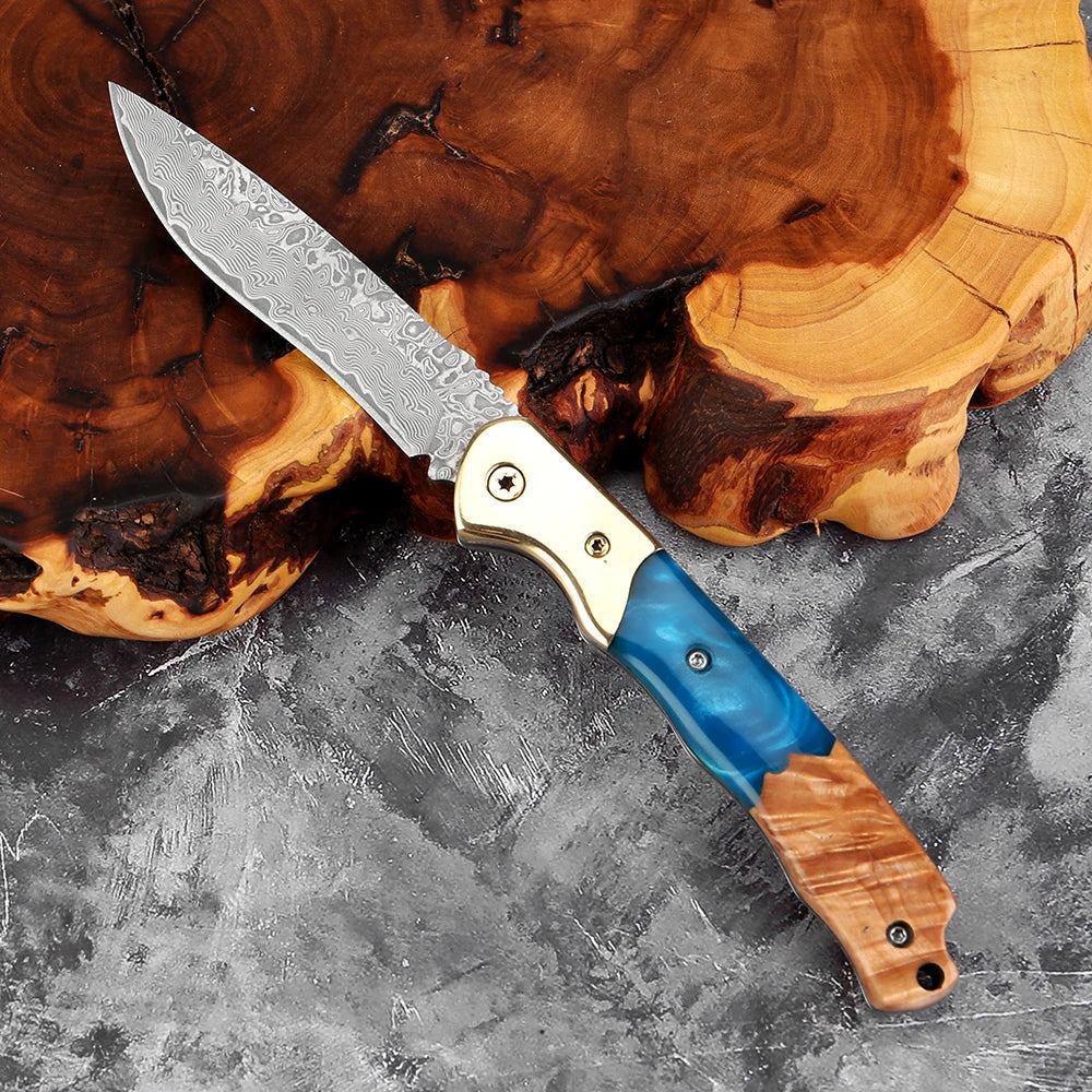 Damascus Steel Folding Knife – Rosewood & Resin Handle | EDC