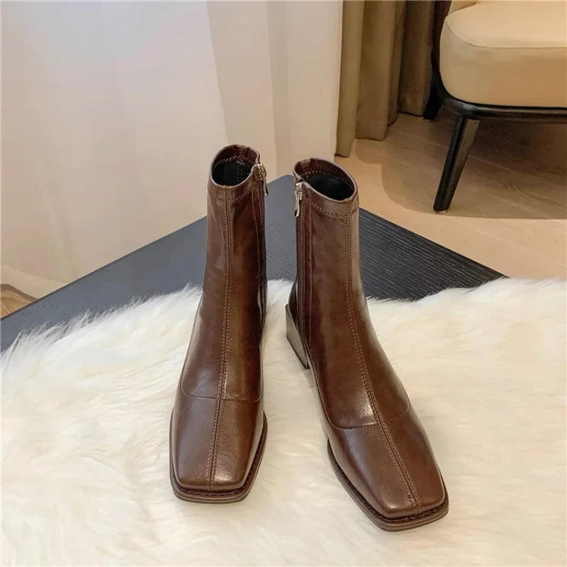 Women's Square Toe Chelsea Ankle Boots – Side Zip Leather