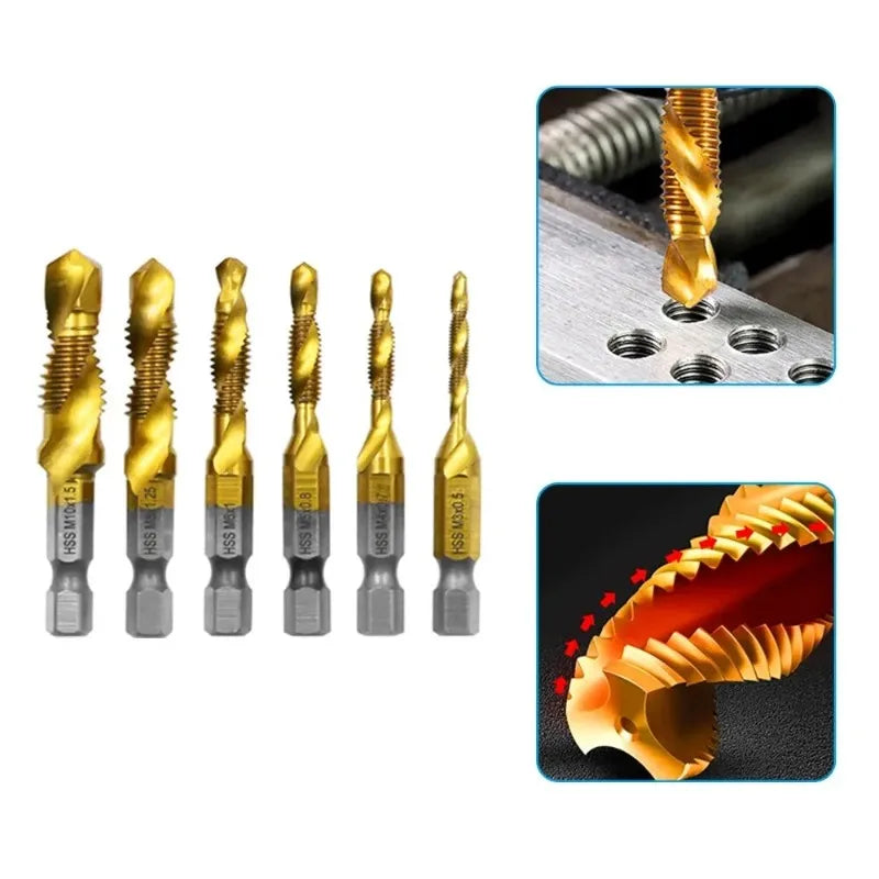 6-Piece HSS Titanium Tap & Drill Integrated Set | Gold Coat