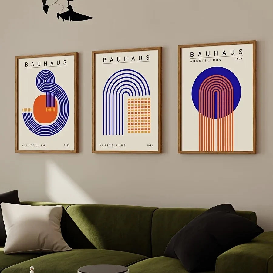 3-Piece Blue Bauhaus Abstract Geometric Canvas Wall Art Set